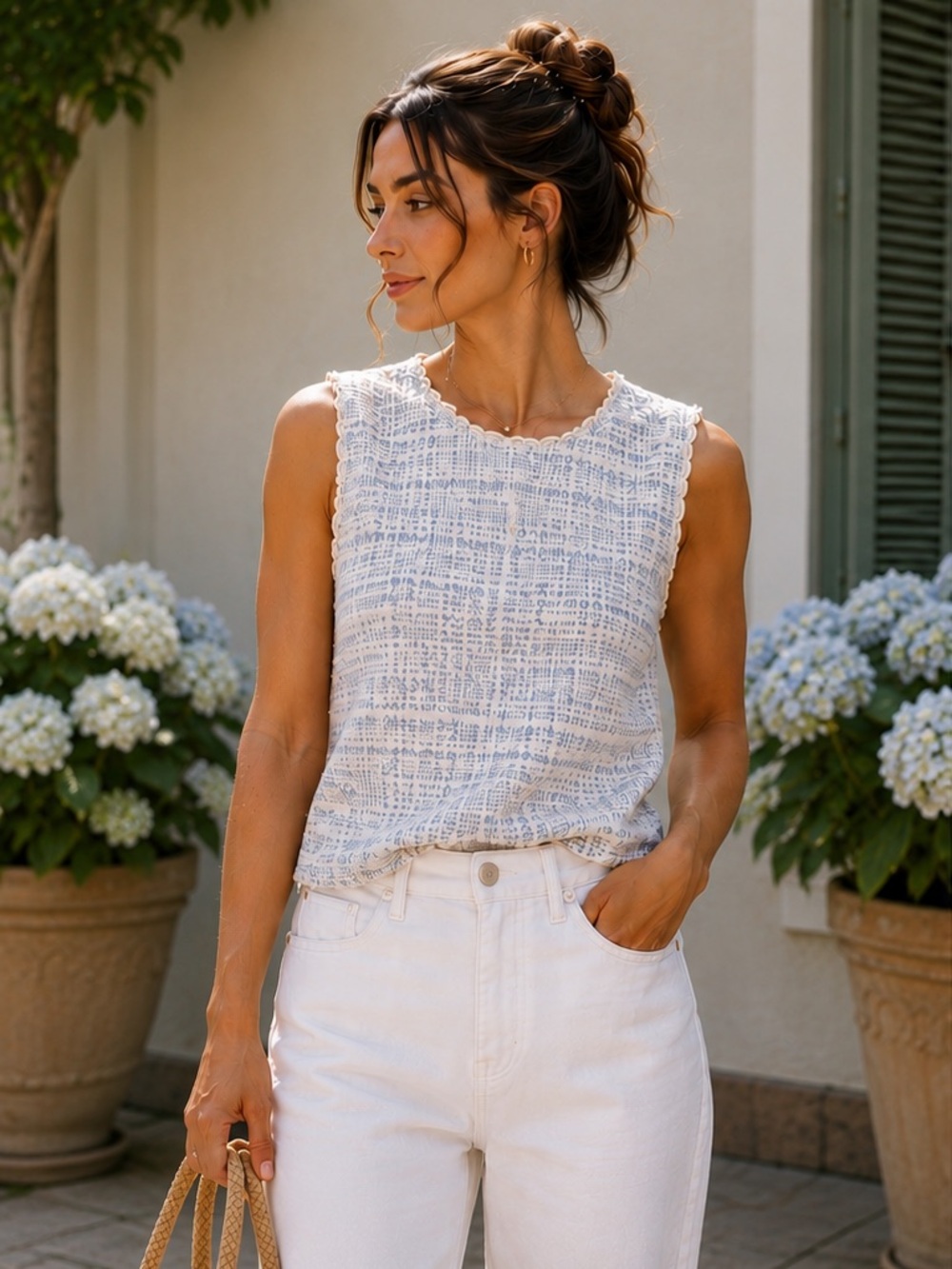 J.Crew Bouclé Tweed Sleeveless Top XXS | Blue & Cream Textured Shell - Picture 6 of 12